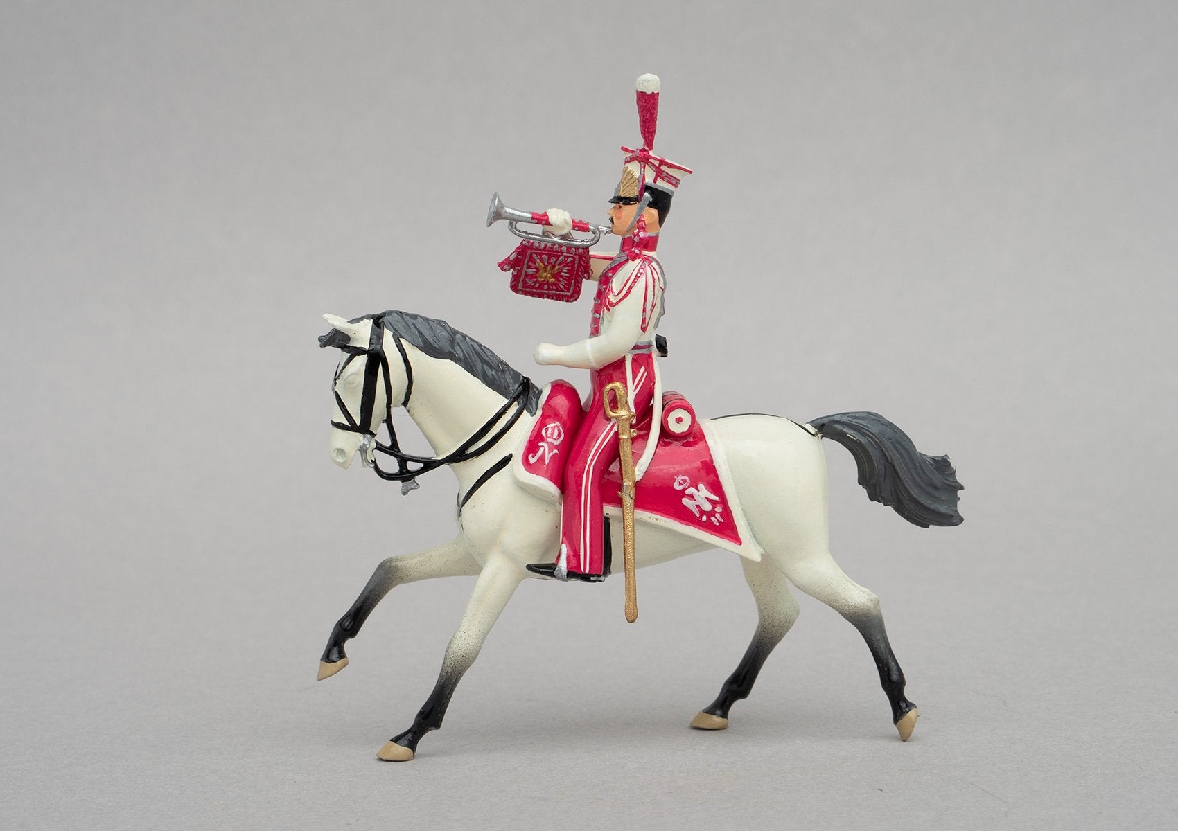 Set 103 Polish Lancers, Trumpeter | Cavalry | Napoleonic Wars | Single mounted figure with trumpet on grey horse | Waterloo | © Imperial Productions | Sculpt by David Cowe