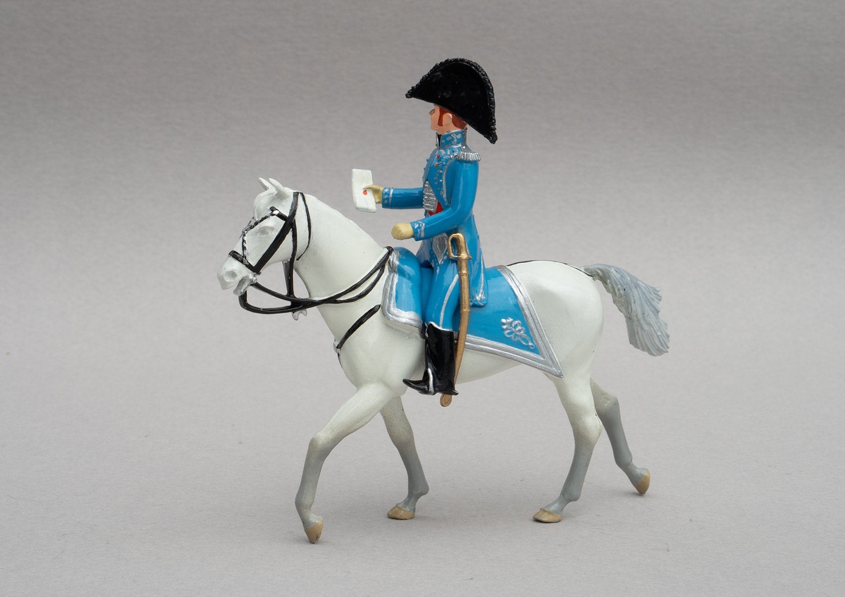Set 109 Baron Gourgaud, 1st Empire | French | Napoleonic Wars | Aide-de-Camp to Napoleon whom he served at Waterloo. Napoleonic Wars, Waterloo. Single mounted officer on grey horse. Cornflower blue uniform | Waterloo | © Imperial Productions | Sculpt by David Cowe