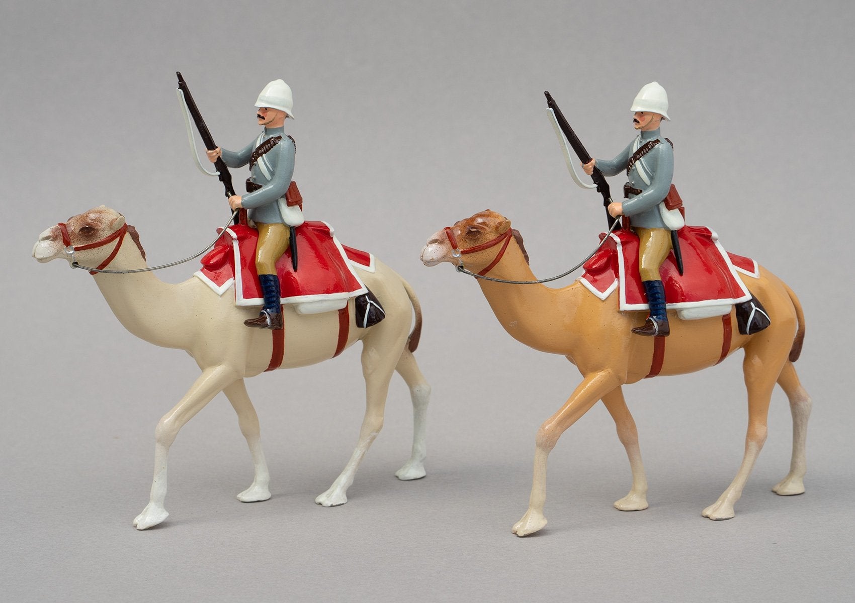 Set 126 Guards Camel Regiment, 1885 | British Cavalry | Sudan War | Guards Camel Regiment. Two mounted cavalry on camels, grey jackets | Omdurman, Relief of Gordon, Nile River | © Imperial Productions | Sculpt by David Cowe