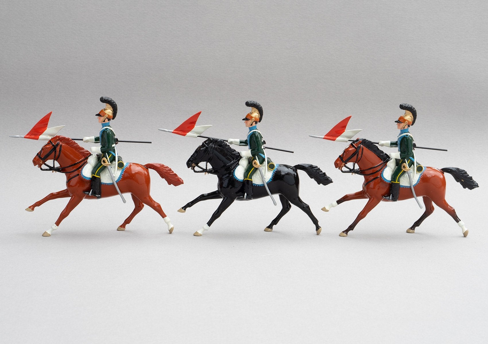 Set 133 5th Chevau-Legers Lancers | French Cavalry | Napoleonic Wars | At Quatre Bras the Lancers were came close to capturing the Duke of Wellington  Three mounted cavalrymen lances adorned with red and white pennants | Waterloo | © Imperial Productions | Sculpt by David Cowe