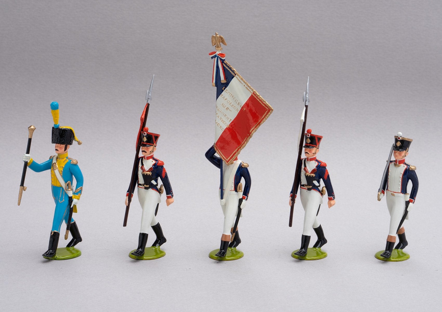 Set 138/1 French Line Infantry Head of Column | French Infantry | Napoleonic Wars | Head of Column, eagle bearer drum major and escort of two men each armed with a halberd with pennon | Waterloo | © Imperial Productions | Sculpt by David Cowe