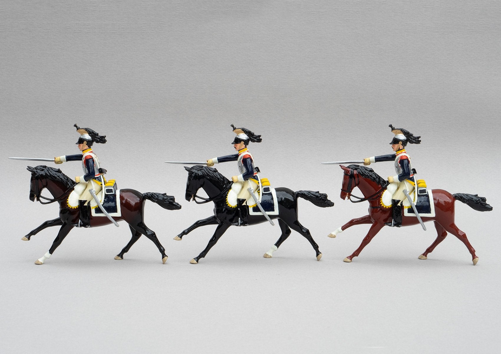 Set 143 Cuirassiers | French Cavalry | Napoleonic Wars | Three mounted heavy cavalrymen with sabres drawn | Waterloo | © Imperial Productions | Sculpt by David Cowe