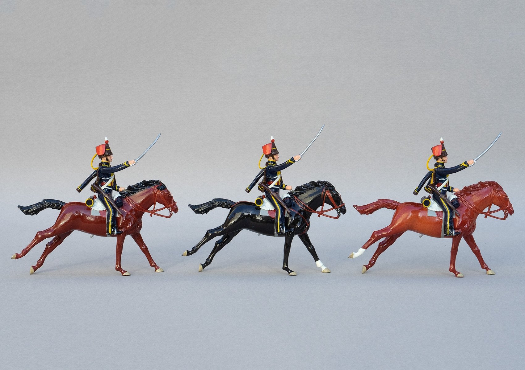 Set 147 7th Hussars, 1815 | British Cavalry | Napoleonic Wars | Three mounted cavalry troopers with rifles and sabres. Brown fur caps with red bags and yellow cap lines | Waterloo | © Imperial Productions | Sculpt by David Cowe