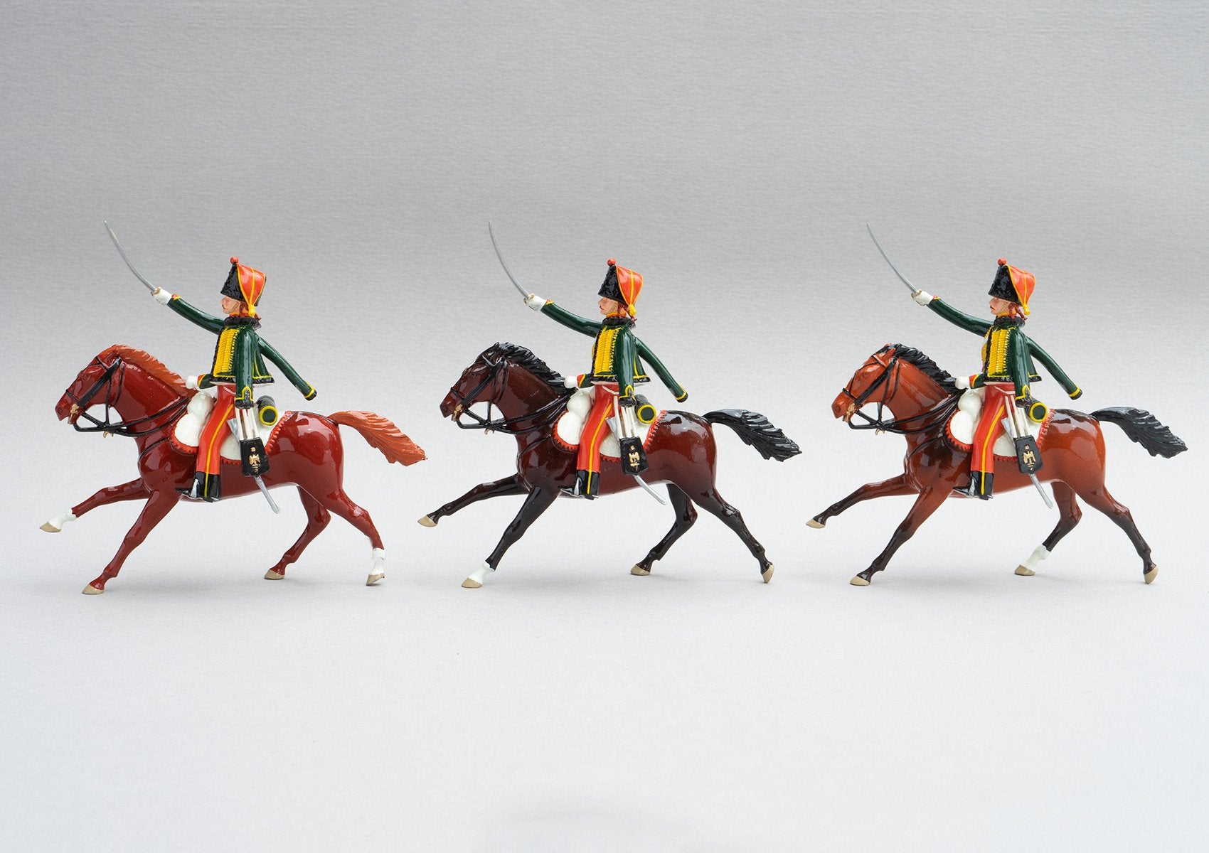 Set 150 7th Hussars | French Cavalry | Napoleonic Wars | Three mounted cavalrymen with rifles and sabres. Bearskin colpack with red bag, green tunic and pelisse | Waterloo | © Imperial Productions | Sculpt by David Cowe