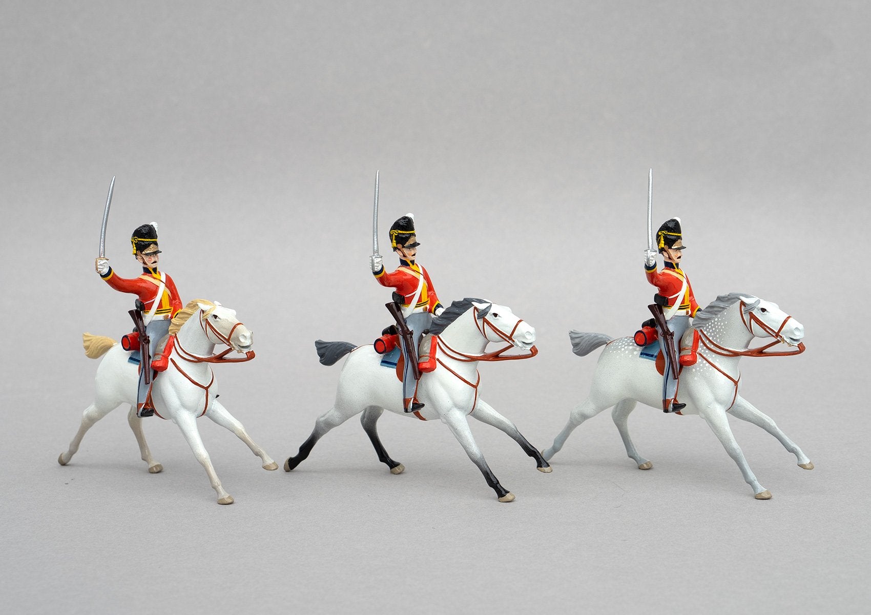 Set 152 Scots Greys, Waterloo 1815 | British Cavalry | Napoleonic Wars | Three mounted Heavy Dragoons with tall bearskin hats, grey mounts, sabres and carbines | Waterloo | © Imperial Productions | Sculpt by David Cowe