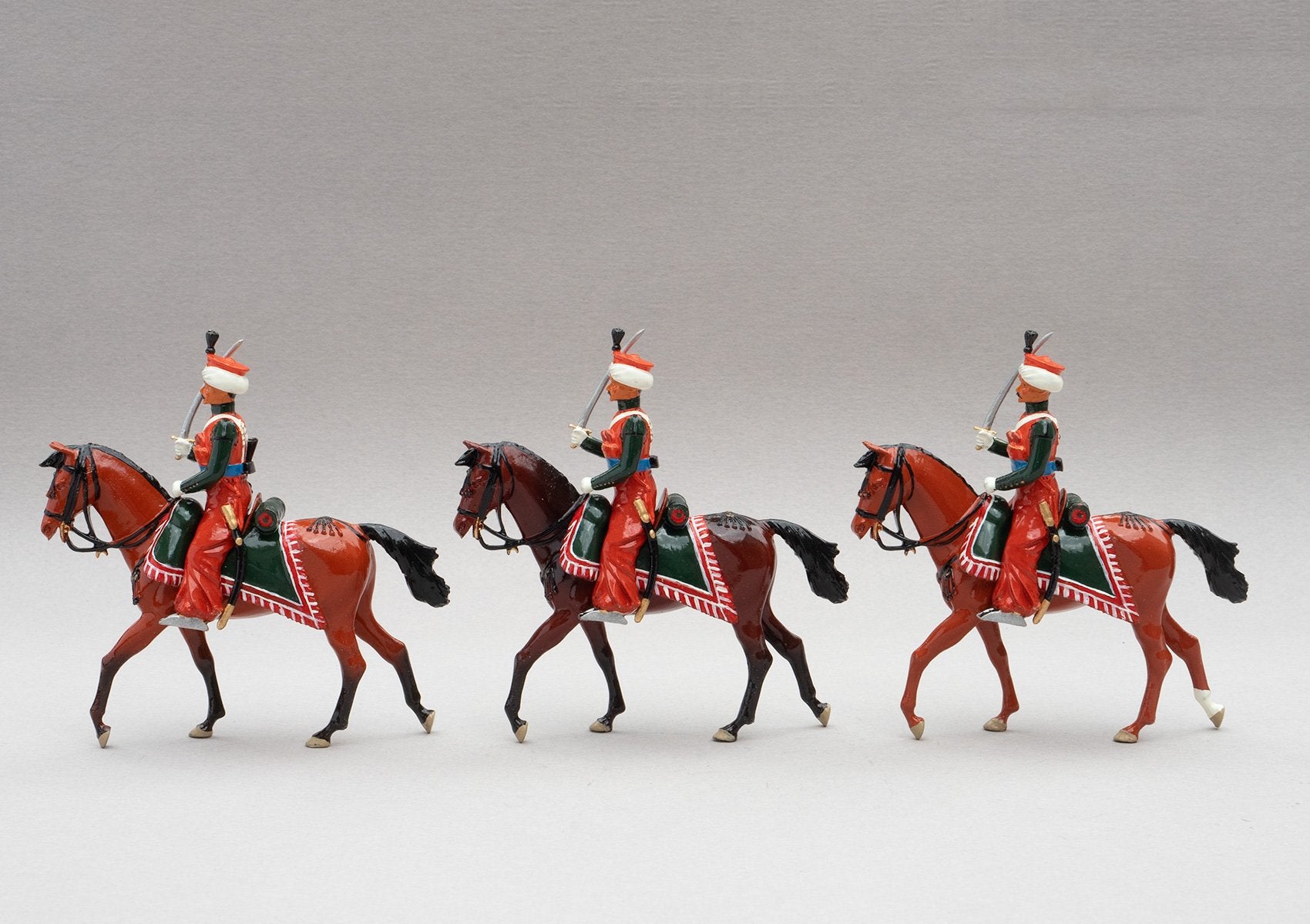 Set 117 Marmelukes | French Cavalry | Napoleonic Wars | Three mounted cavalry figures. Their uniform is of Syrian and Turkish Mameluke pattern; turban, sleeved chemise, arab sash, charoual-style trousers, and Mameluke sabre | Waterloo | © Imperial Productions | Sculpt by David Cowe
