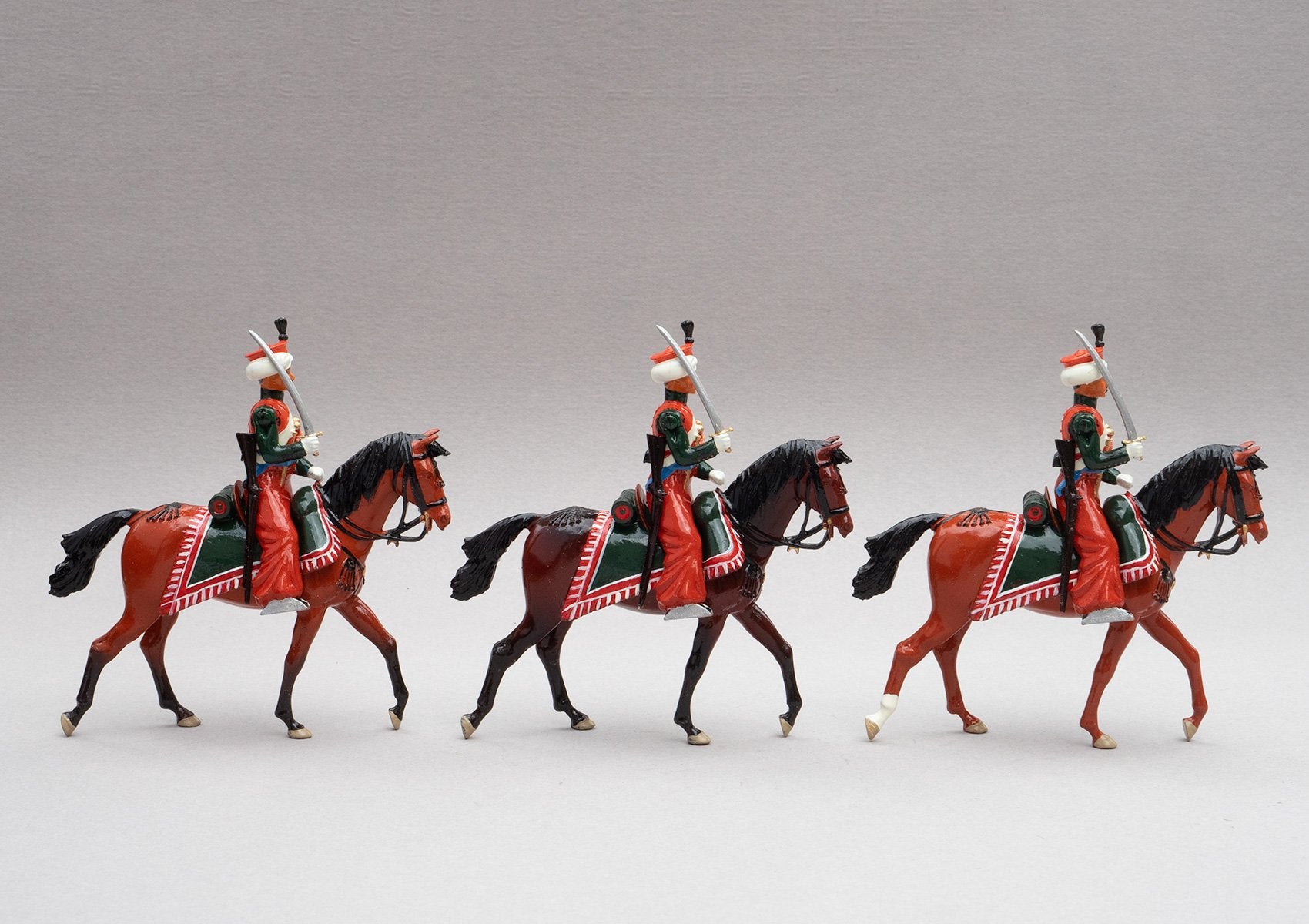 Set 117 Marmelukes | French Cavalry | Napoleonic Wars | Three mounted cavalry figures. Their uniform is of Syrian and Turkish Mameluke pattern; turban, sleeved chemise, arab sash, charoual-style trousers, and Mameluke sabre | Waterloo | © Imperial Productions | Sculpt by David Cowe