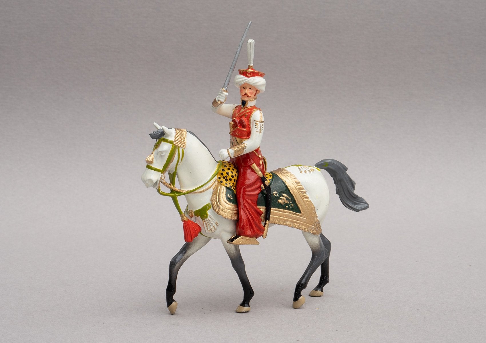 Set 118 Chef de escardon Mamelukes Kiman | French Cavalry | Napoleonic Wars | Commander of Marmeluke cavalry. Uniform is of Syrian and Turkish Mameluke pattern; turban, sleeved chemise, arab sash, charoual-style trousers, and Mameluke sabre. Single mounted officer on grey horse | Waterloo | © Imperial Productions | Sculpt by David Cowe