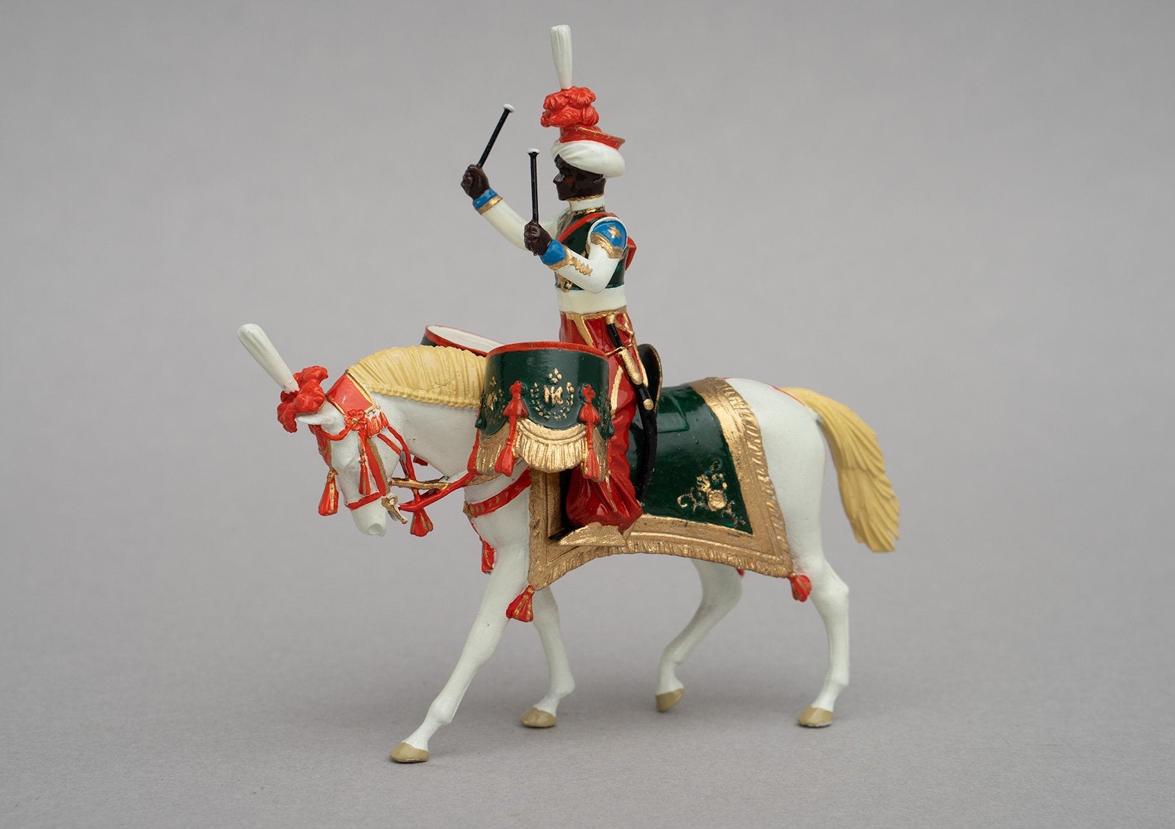 Set 120 Mameluke Drum Horse | French Cavalry | Napoleonic Wars | Drummer of Marmeluke cavalry. Uniform is of Syrian and Turkish Mameluke pattern; turban, sleeved chemise, arab sash, charoual-style trousers, and Mameluke sabre. Single mounted drummer on palomino | Waterloo | © Imperial Productions | Sculpt by David Cowe
