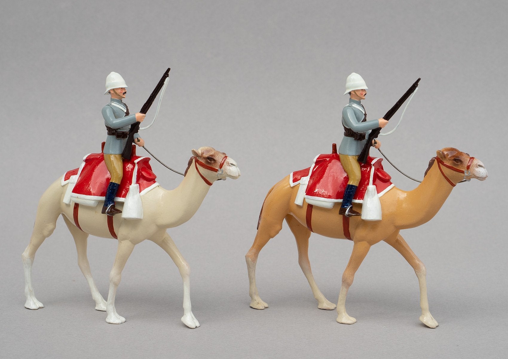 Set 126 Guards Camel Regiment, 1885 | British Cavalry | Sudan War | Guards Camel Regiment. Two mounted cavalry on camels, grey jackets | Omdurman, Relief of Gordon, Nile River | © Imperial Productions | Sculpt by David Cowe