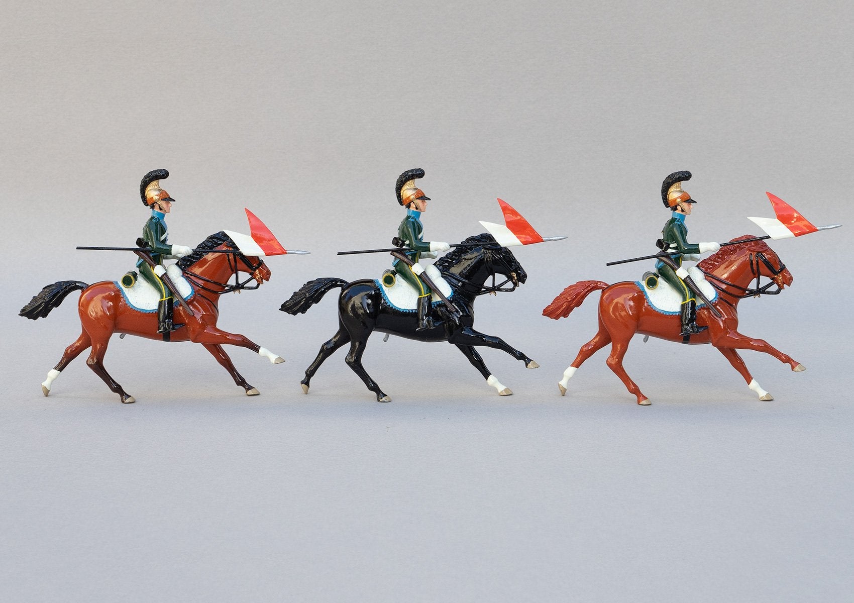 Set 133 5th Chevau-Legers Lancers | French Cavalry | Napoleonic Wars | At Quatre Bras the Lancers were came close to capturing the Duke of Wellington  Three mounted cavalrymen lances adorned with red and white pennants | Waterloo | © Imperial Productions | Sculpt by David Cowe