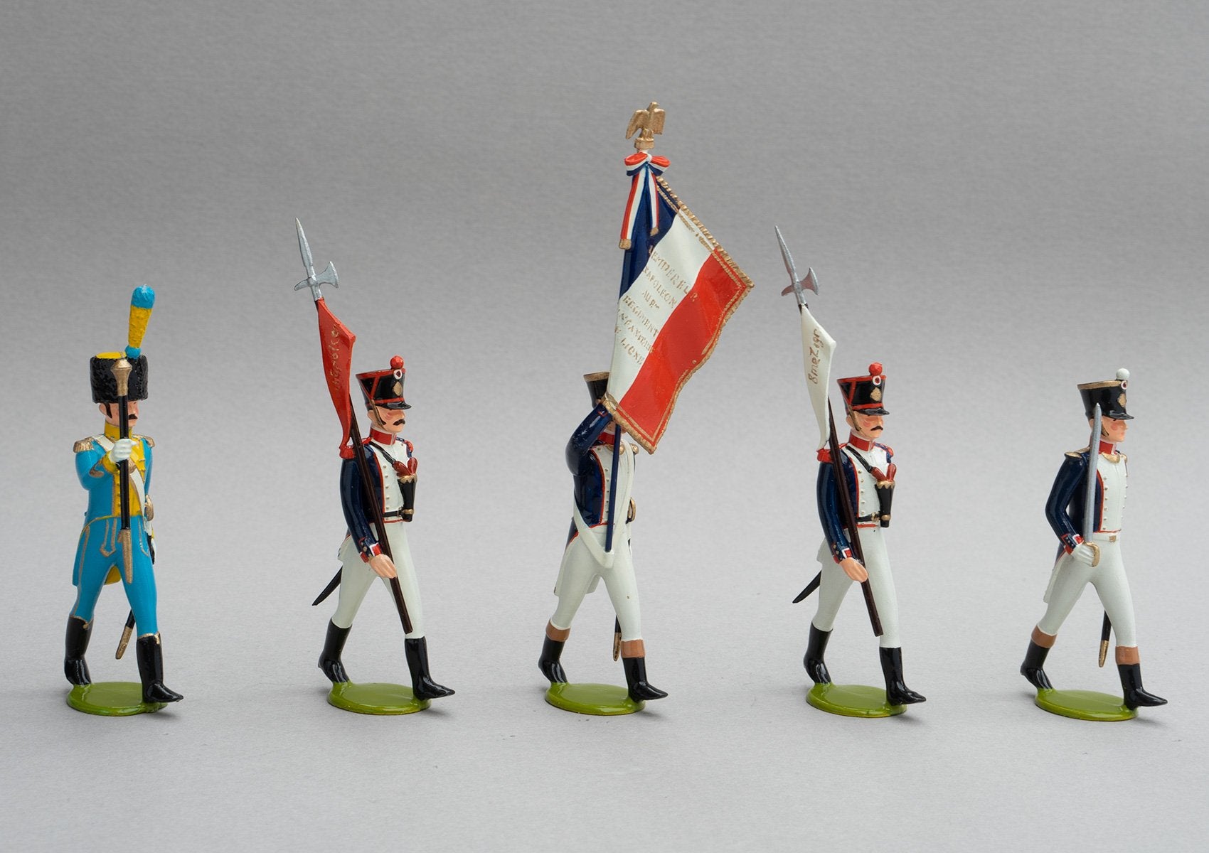 Set 138/1 French Line Infantry Head of Column | French Infantry | Napoleonic Wars | Head of Column, eagle bearer drum major and escort of two men each armed with a halberd with pennon | Waterloo | © Imperial Productions | Sculpt by David Cowe