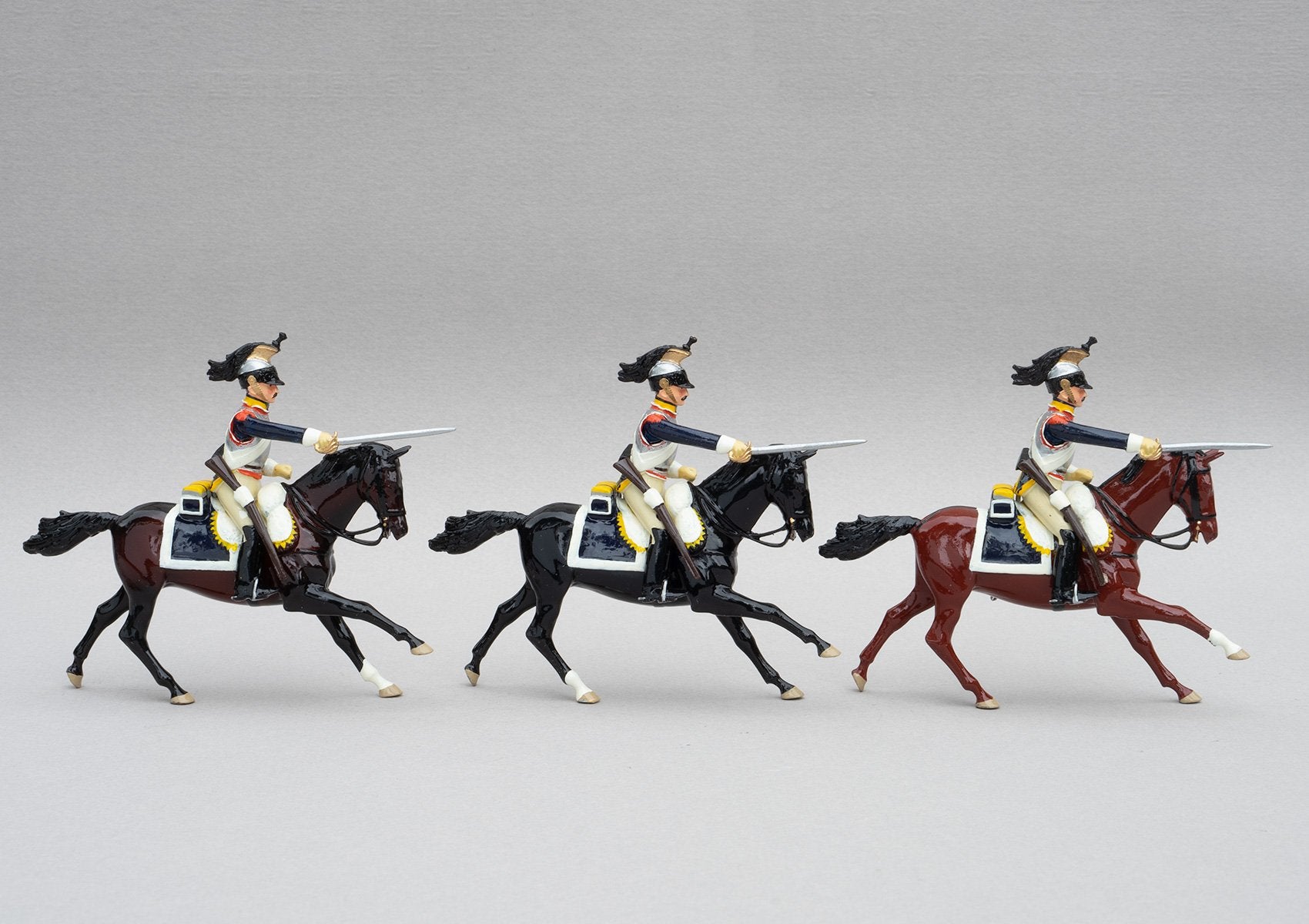 Set 143 Cuirassiers | French Cavalry | Napoleonic Wars | Three mounted heavy cavalrymen with sabres drawn | Waterloo | © Imperial Productions | Sculpt by David Cowe