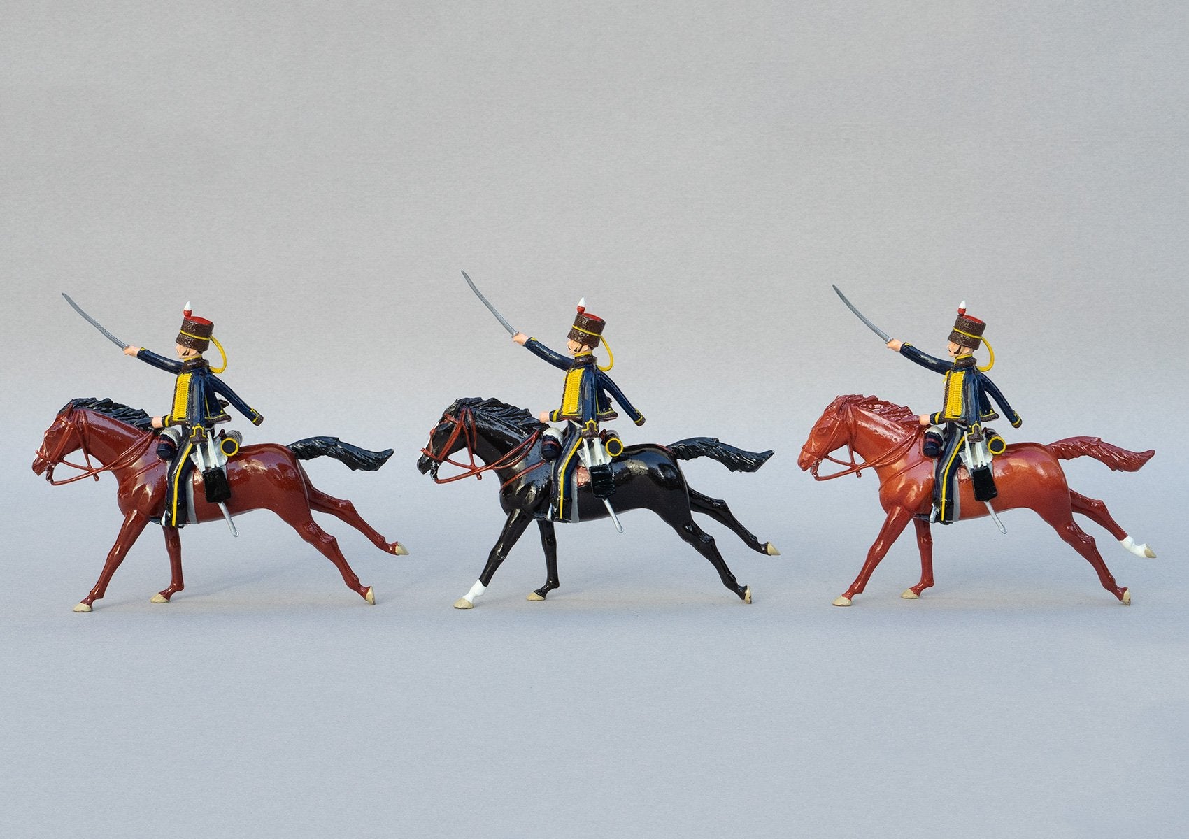 Set 147 7th Hussars, 1815 | British Cavalry | Napoleonic Wars | Three mounted cavalry troopers with rifles and sabres. Brown fur caps with red bags and yellow cap lines | Waterloo | © Imperial Productions | Sculpt by David Cowe