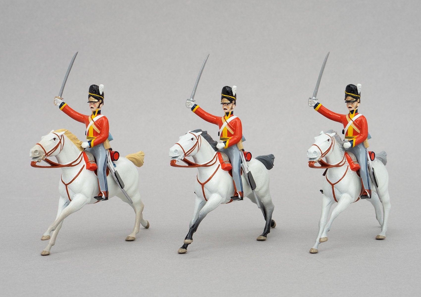 Set 152 Scots Greys, Waterloo 1815 | British Cavalry | Napoleonic Wars | Three mounted Heavy Dragoons with tall bearskin hats, grey mounts, sabres and carbines | Waterloo | © Imperial Productions | Sculpt by David Cowe