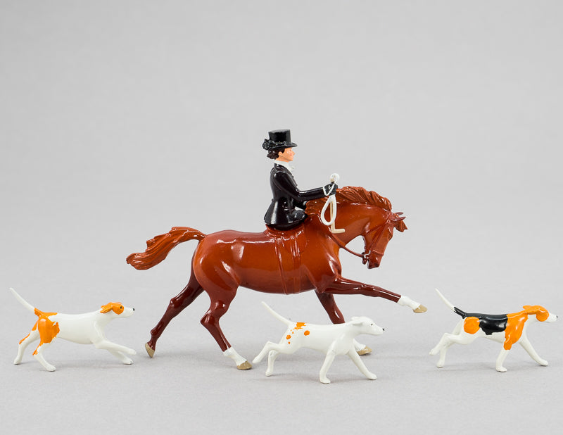 Sidesaddle fox hunting woman, fox hounds, chestnut horse